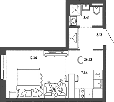 Планировка — Уральский сад, Студия, 27 м²