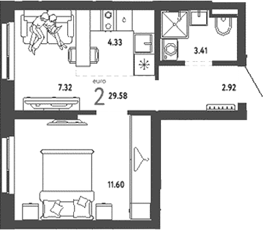 Планировка — Уральский сад, 2-комн., 30 м²