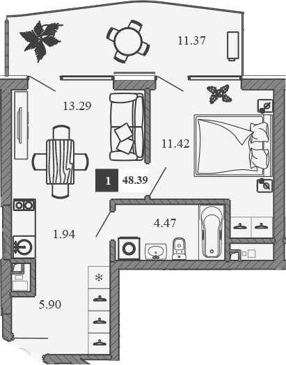 Планировка — Крымская Резиденция, 1-комн., 37 м²