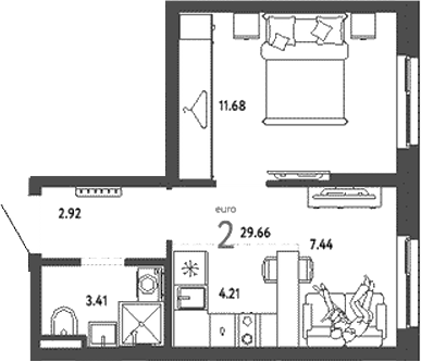 Планировка — Уральский сад, 2-комн., 30 м²