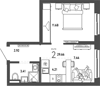 Планировка — Уральский сад, 2-комн., 30 м²
