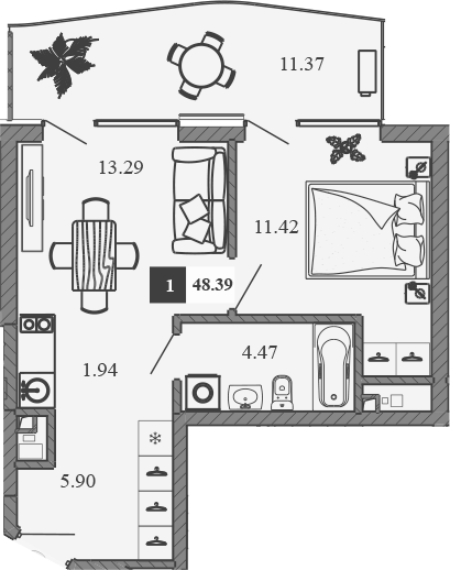 Планировка — Крымская Резиденция, 1-комн., 37 м²
