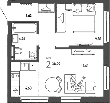 Планировка — Уральский сад, 2-комн., 39 м²