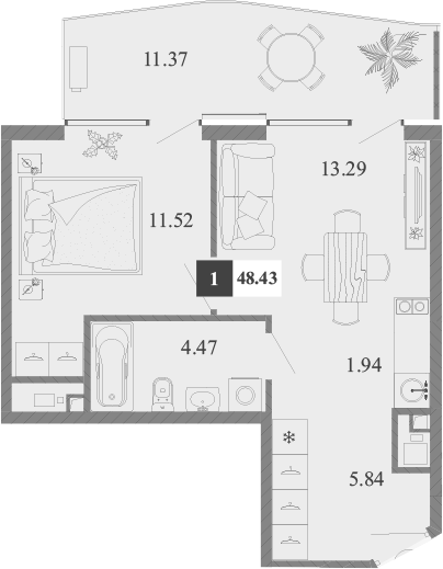 Планировка — Крымская Резиденция, 1-комн., 37 м²