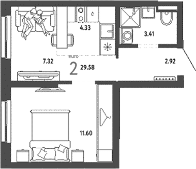 Планировка — Уральский сад, 2-комн., 30 м²