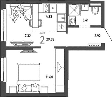 Планировка — Уральский сад, 2-комн., 30 м²