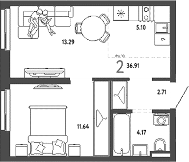 Планировка — Уральский сад, 2-комн., 37 м²