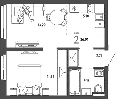 Планировка — Уральский сад, 2-комн., 37 м²