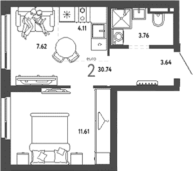 Планировка — Уральский сад, 2-комн., 31 м²