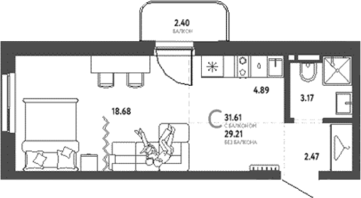 Планировка — Уральский сад, Студия, 29 м²