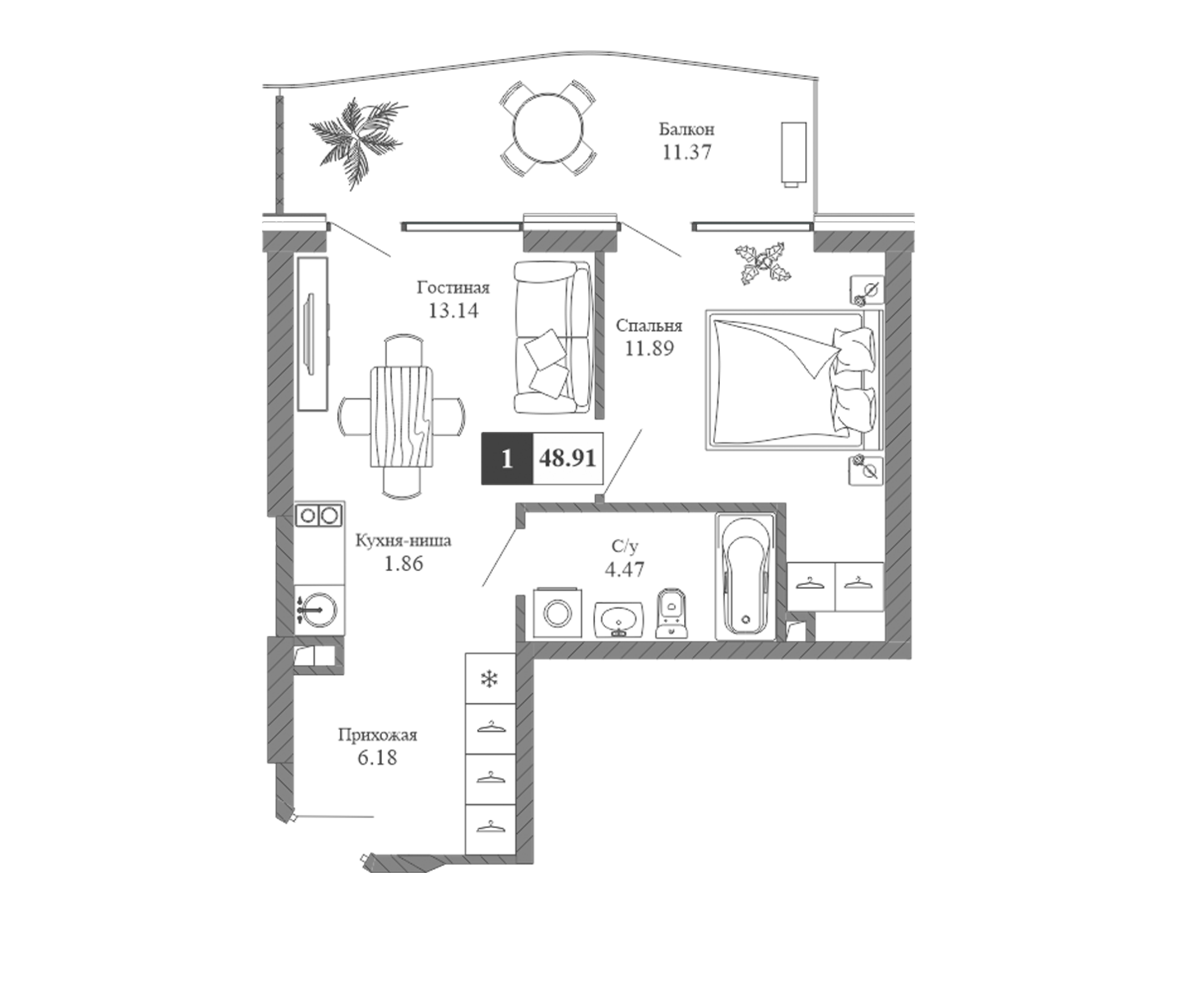 Планировка — Крымская Резиденция, 1-комн., 38 м²