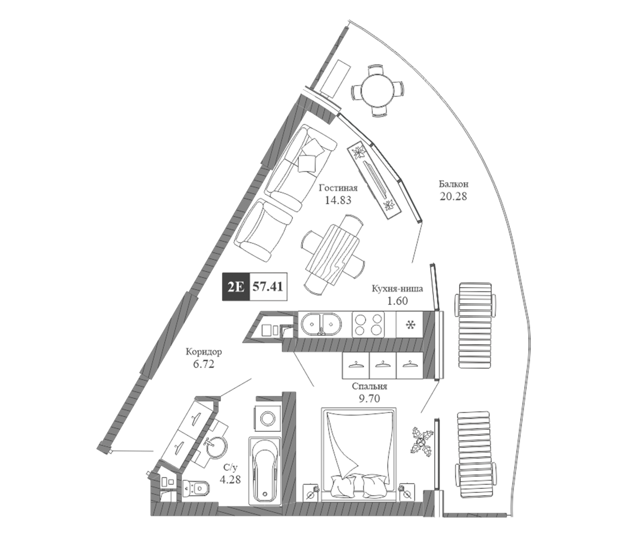 Планировка — Крымская Резиденция, 2-комн., 37 м²