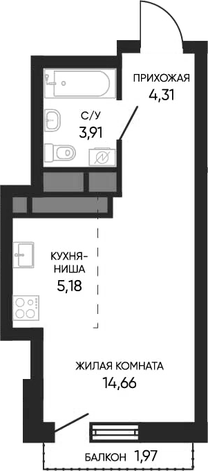 Планировка — Тишина 2, Студия, 28 м²