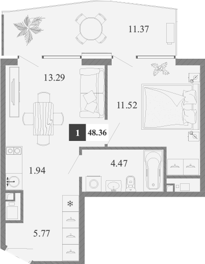 Планировка — Крымская Резиденция, 1-комн., 37 м²