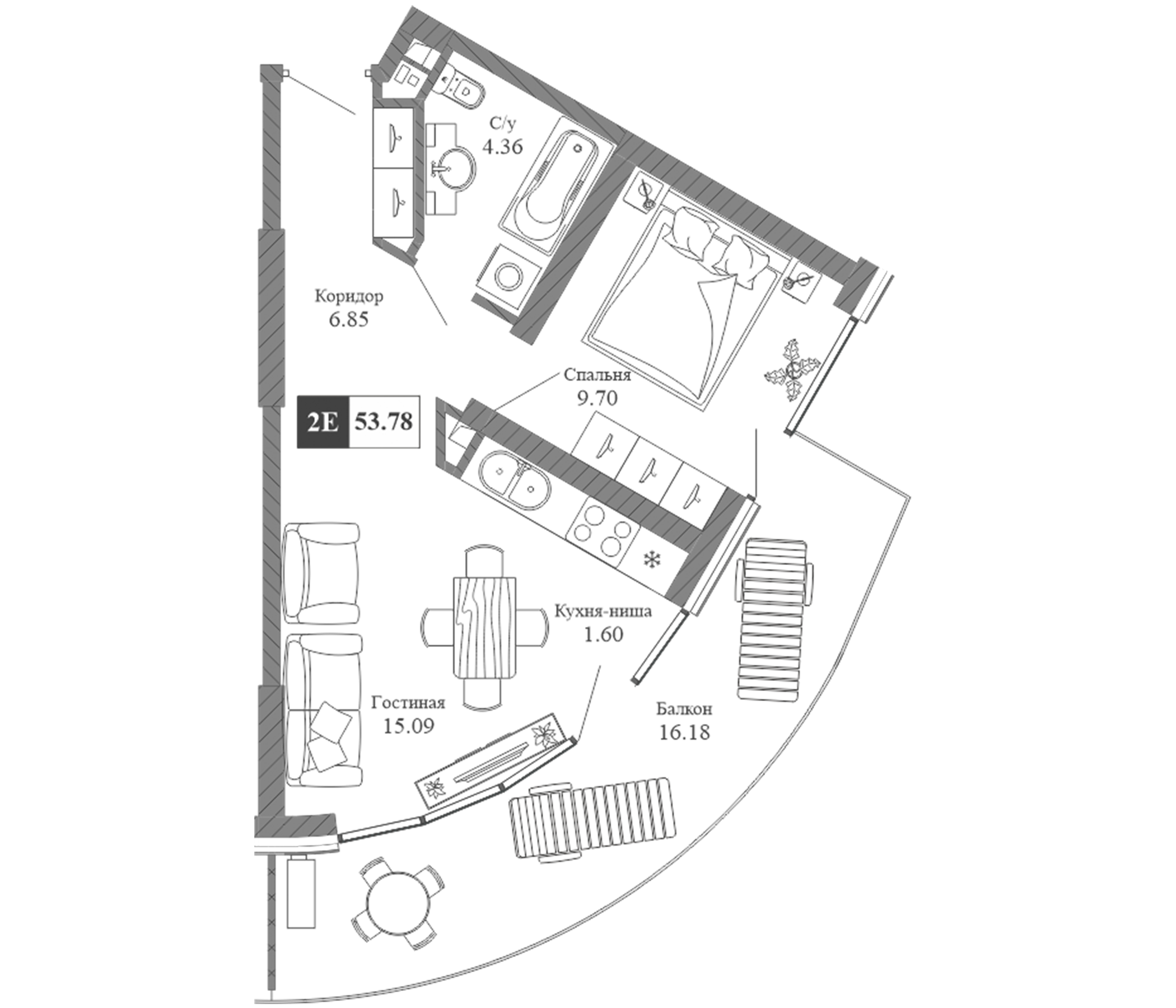 Планировка — Крымская Резиденция, 2-комн., 38 м²
