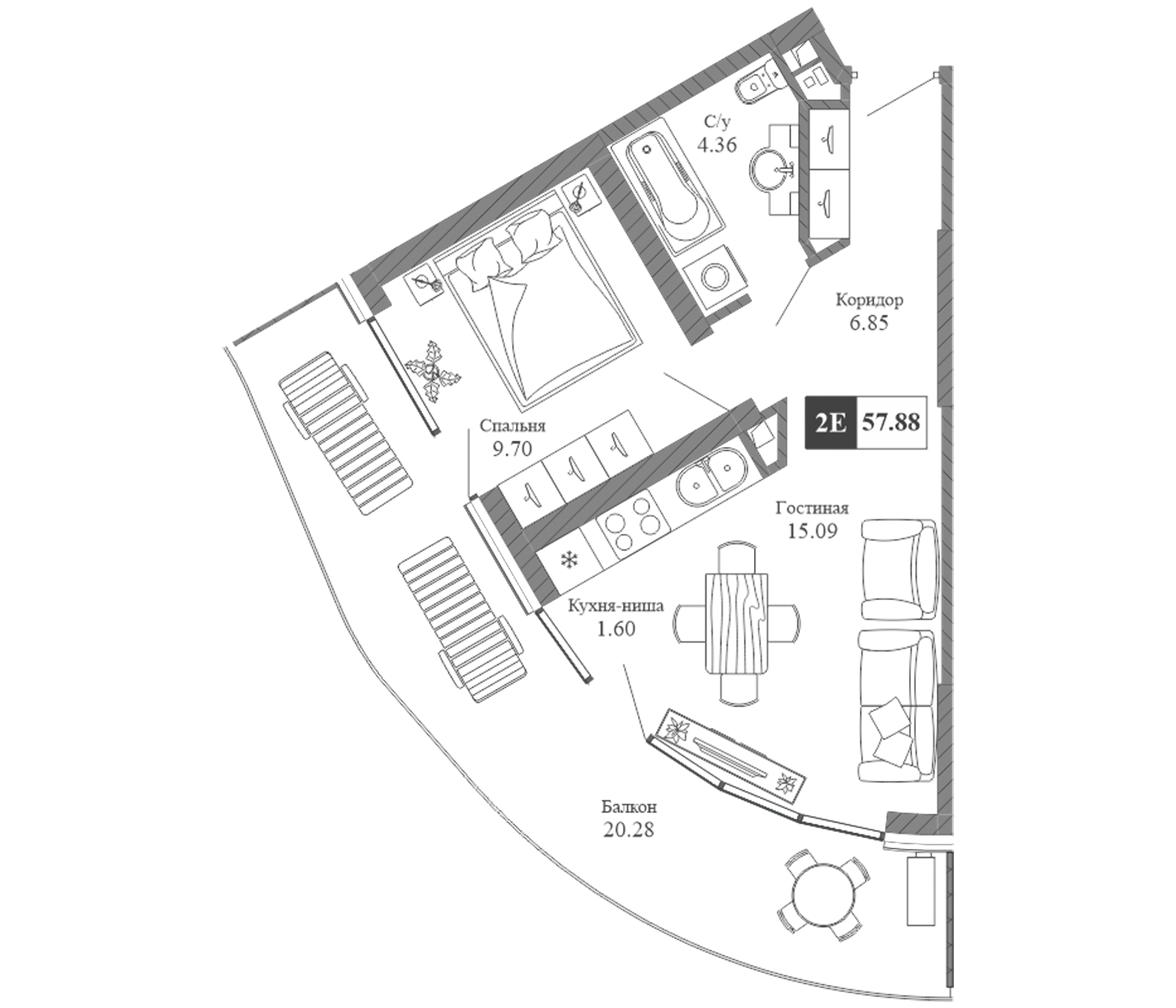 Планировка — Крымская Резиденция, 2-комн., 38 м²