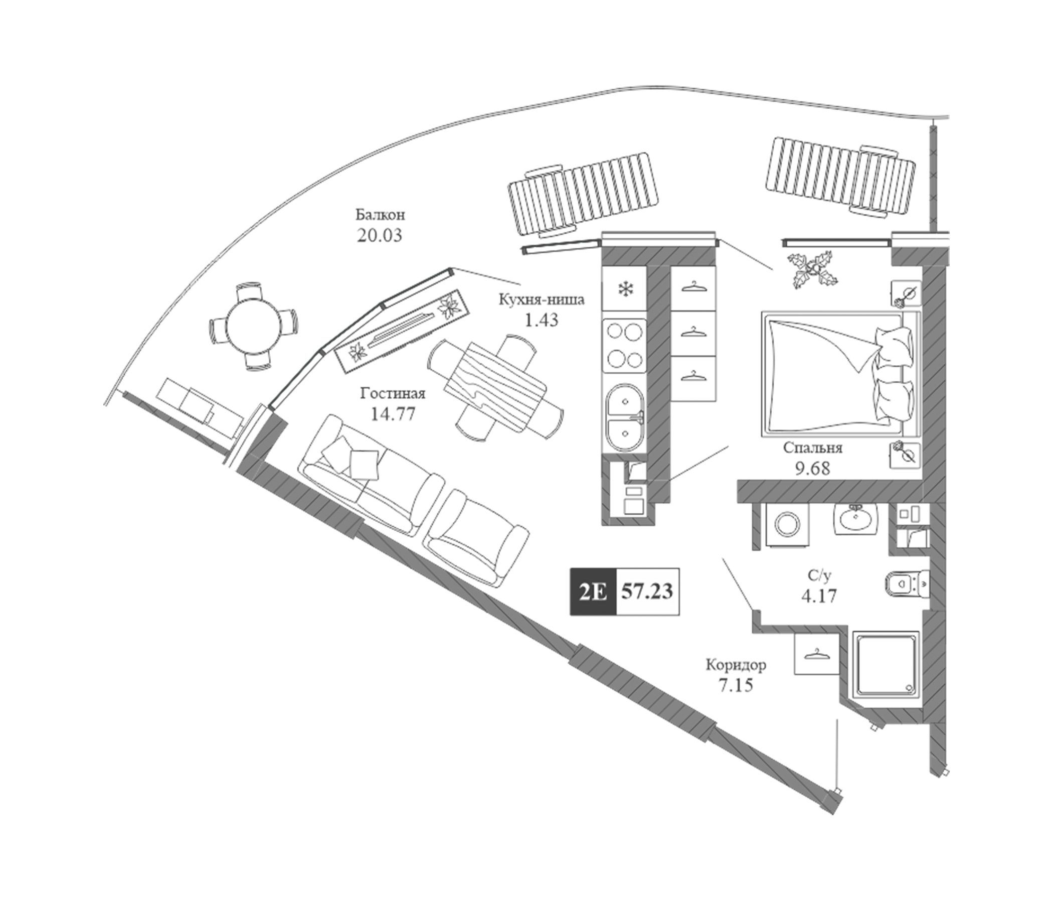 Планировка — Крымская Резиденция, 2-комн., 37 м²