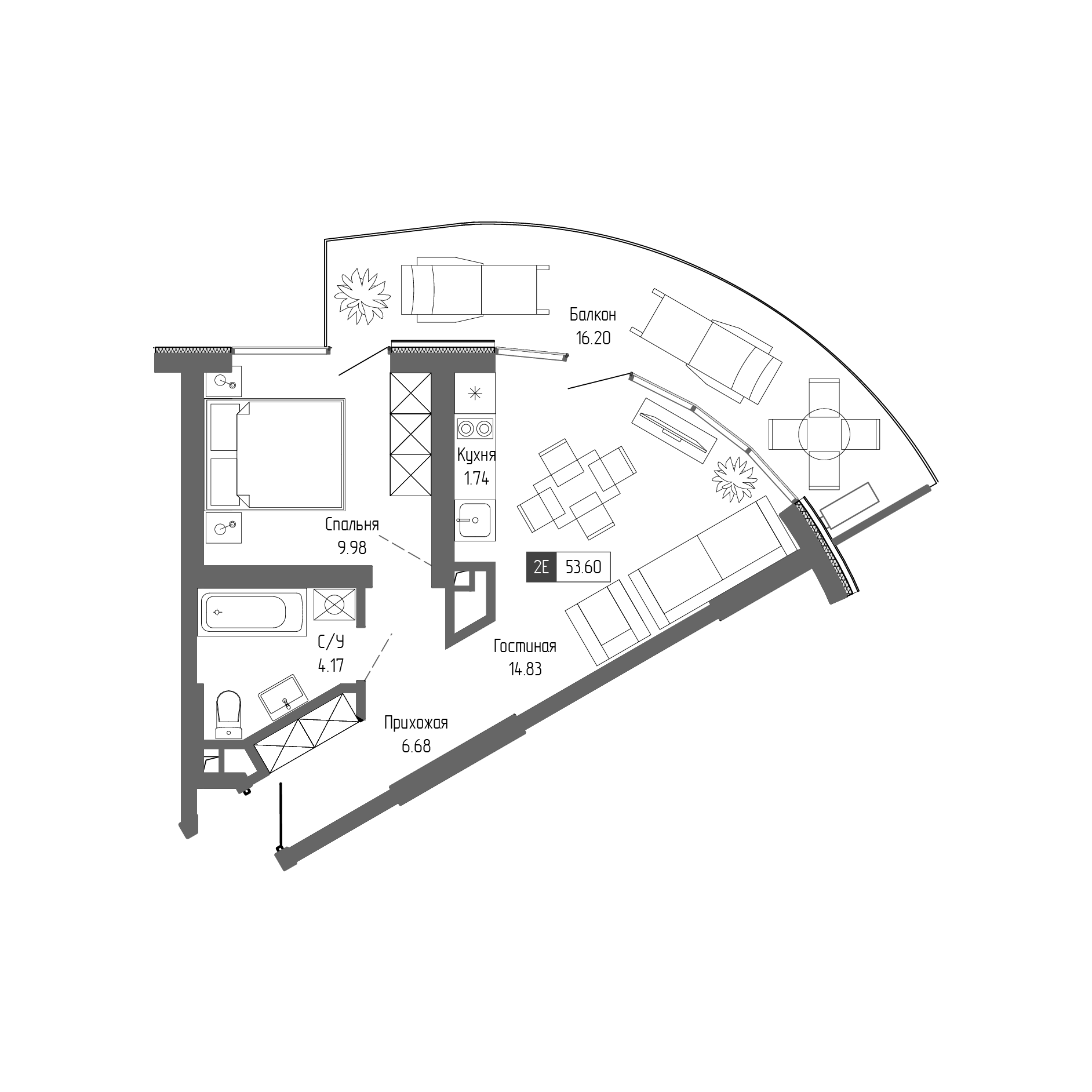 Планировка — Крымская Резиденция, 2-комн., 37 м²