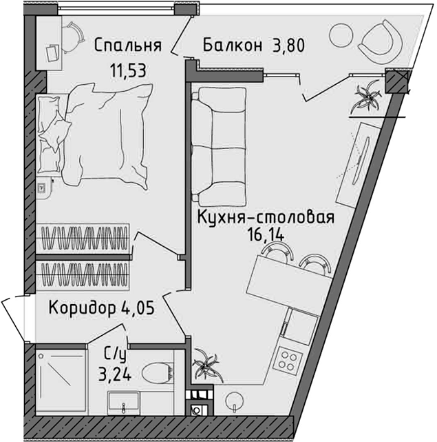 Планировка — Ласка, 2-комн., 35 м²