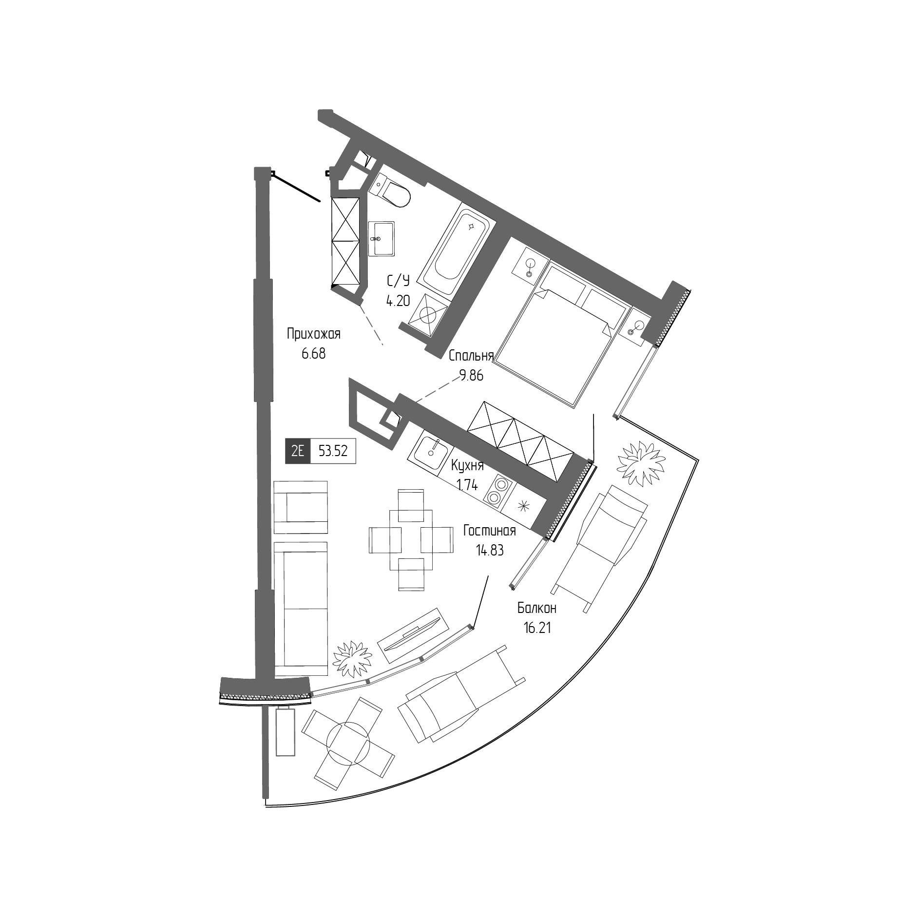 Планировка — Крымская Резиденция, 2-комн., 37 м²