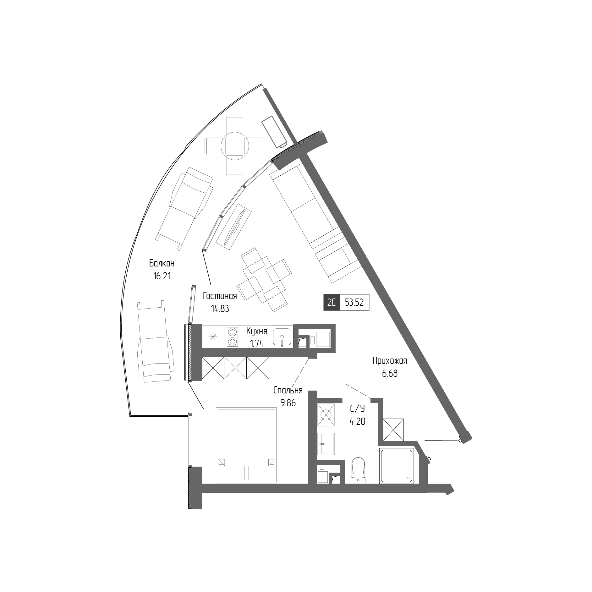 Планировка — Крымская Резиденция, 2-комн., 37 м²