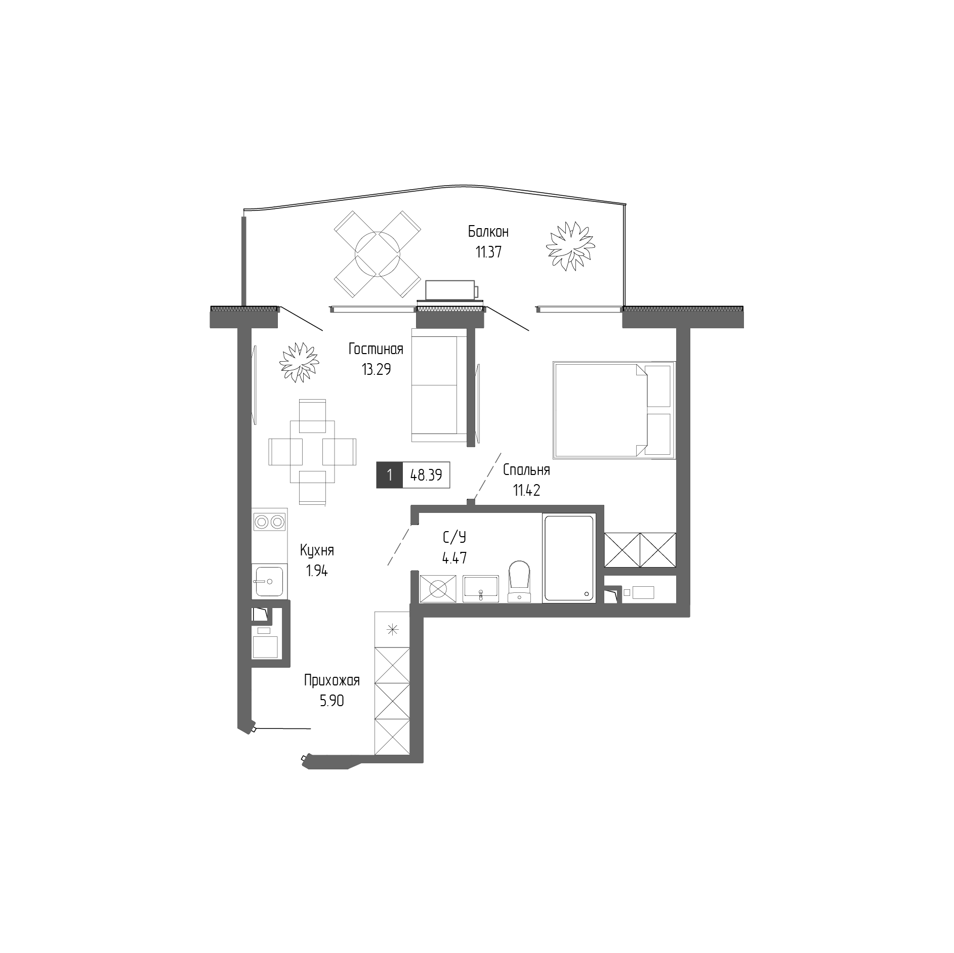 Планировка — Крымская Резиденция, 1-комн., 37 м²