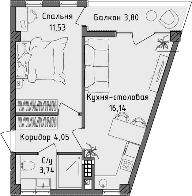 Планировка — Ласка, 2-комн., 35 м²