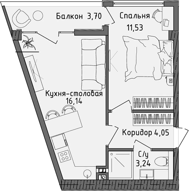 Планировка — Ласка, 2-комн., 35 м²