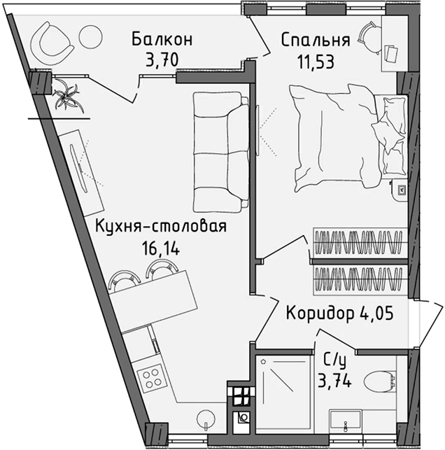 Планировка — Ласка, 2-комн., 35 м²