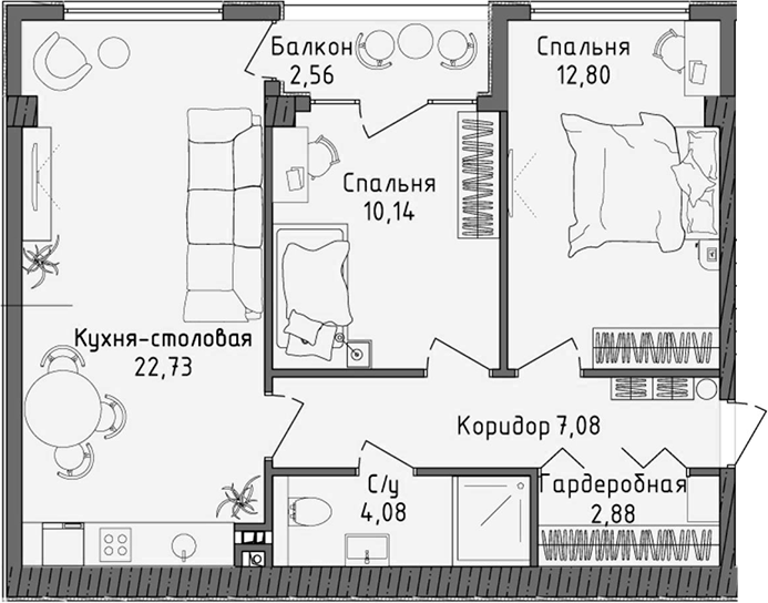 Планировка — Ласка, 3-комн., 60 м²