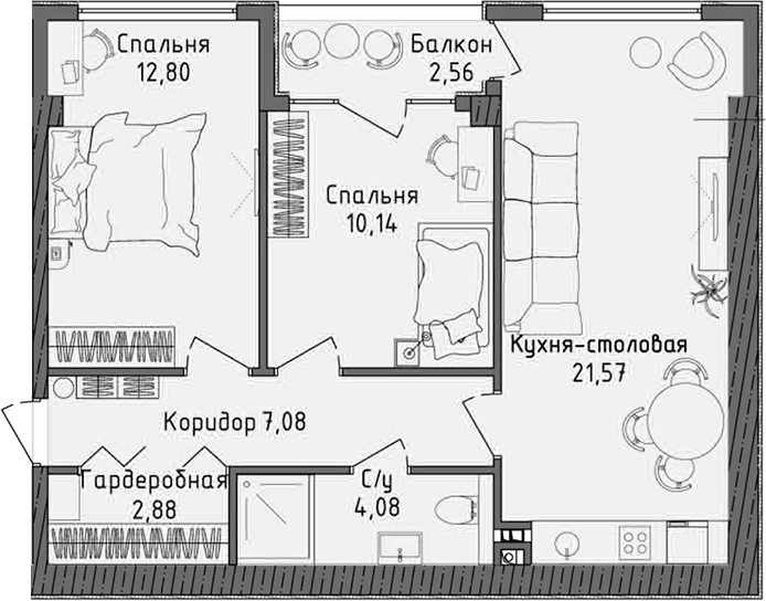 Планировка — Ласка, 3-комн., 59 м²