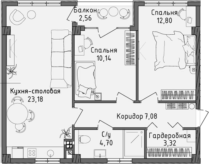 Планировка — Ласка, 3-комн., 61 м²