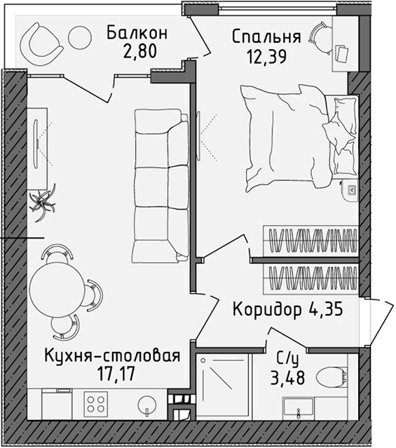 Планировка — Ласка, 2-комн., 37 м²