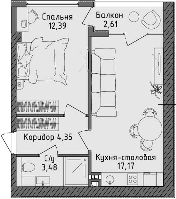Планировка — Ласка, 2-комн., 37 м²