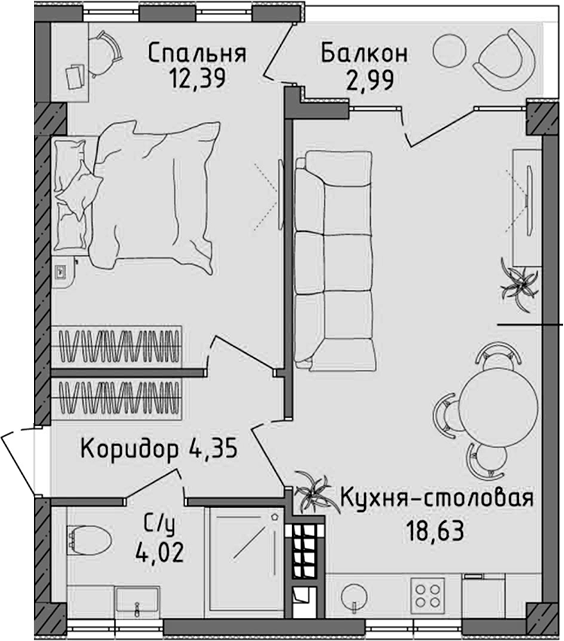 Планировка — Ласка, 2-комн., 39 м²