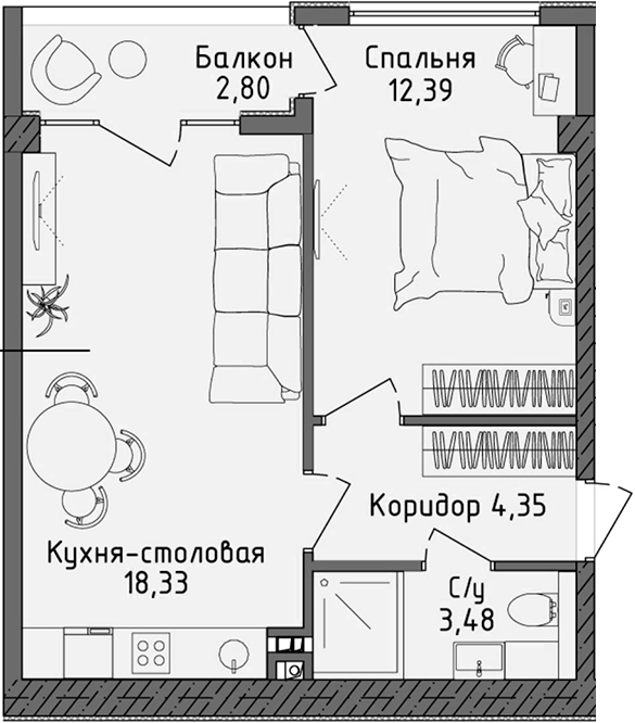 Планировка — Ласка, 2-комн., 39 м²