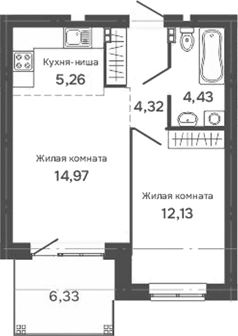 Планировка — Культура, 2-комн., 41 м²