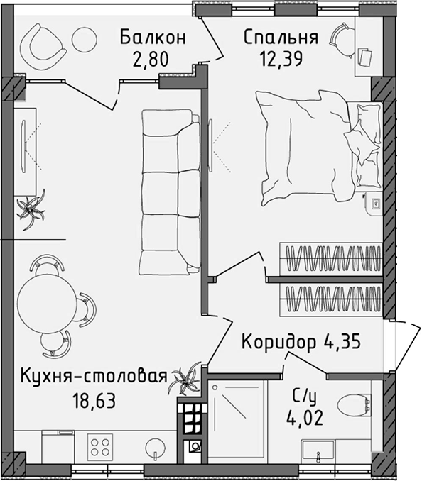 Планировка — Ласка, 2-комн., 39 м²