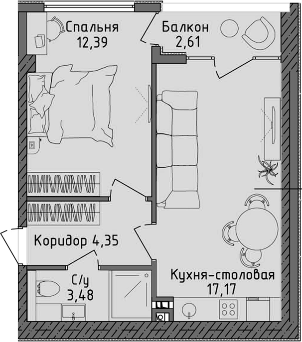 Планировка — Ласка, 2-комн., 37 м²