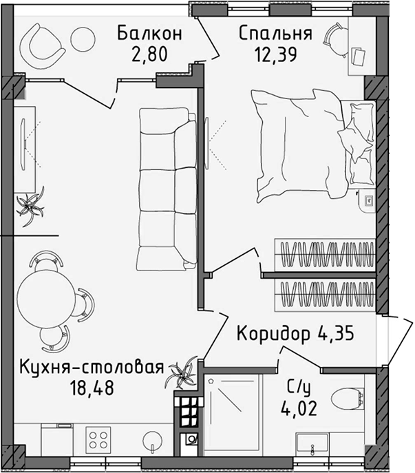 Планировка — Ласка, 2-комн., 39 м²