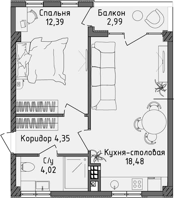 Планировка — Ласка, 2-комн., 39 м²