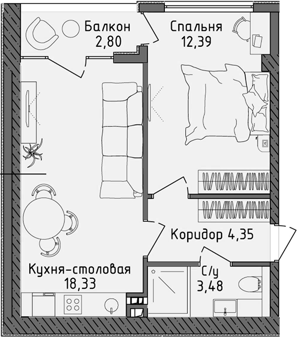 Планировка — Ласка, 2-комн., 39 м²