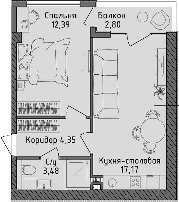 Планировка — Ласка, 2-комн., 37 м²