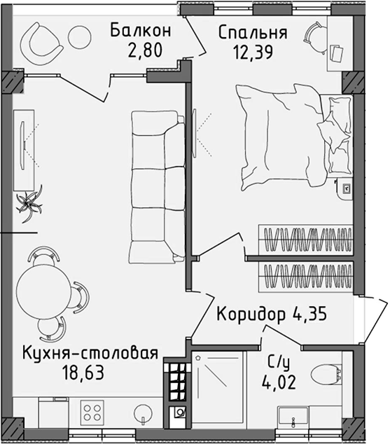 Планировка — Ласка, 2-комн., 39 м²