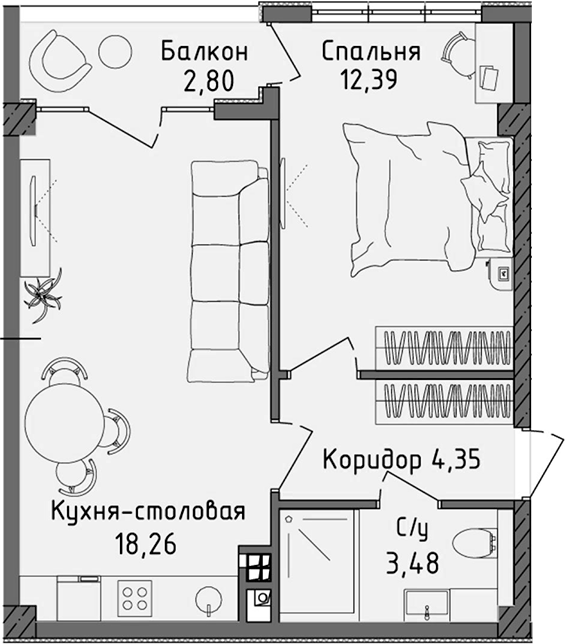 Планировка — Ласка, 2-комн., 38 м²