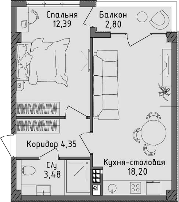 Планировка — Ласка, 2-комн., 38 м²