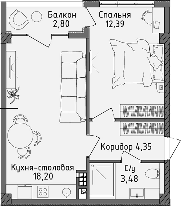 Планировка — Ласка, 2-комн., 38 м²
