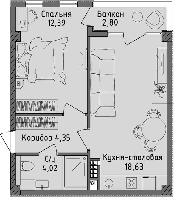 Планировка — Ласка, 2-комн., 39 м²