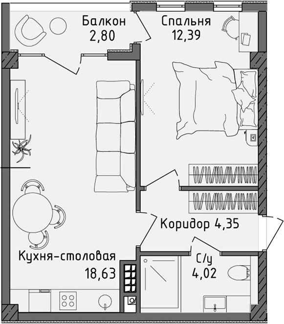 Планировка — Ласка, 2-комн., 39 м²
