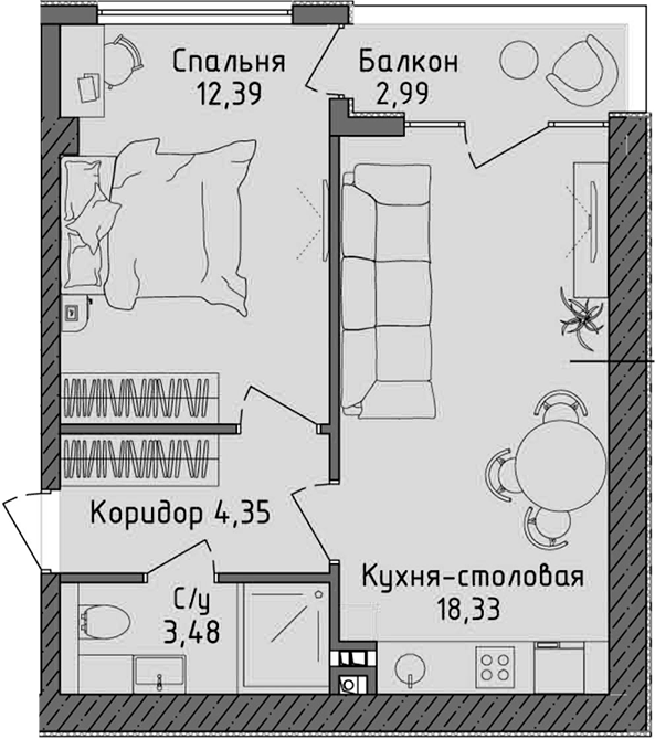 Планировка — Ласка, 2-комн., 39 м²